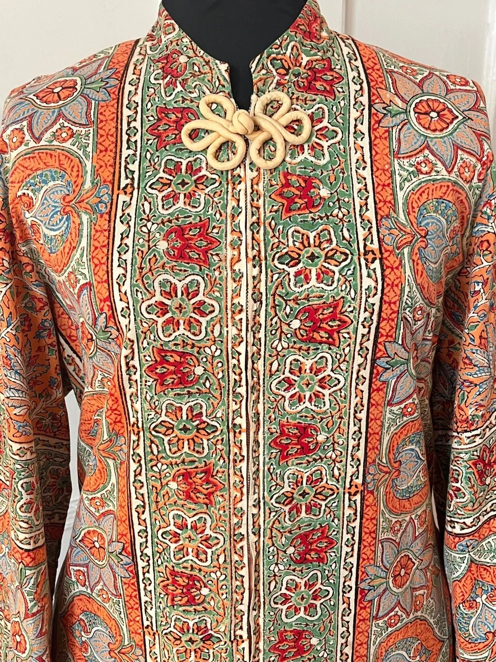 Vintage Maxi Caftan Robe Cotton Paisley Block Print 1970s Boho Hippie Kaftan - Picture 5 of 12